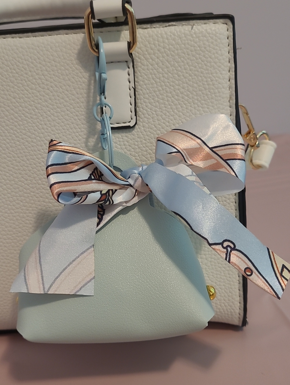 Pastel Blue Faux Leather Keychain with Decorative Bow